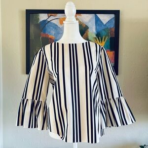 Alice + Olivia | Bernice Ruffle Trimmed Striped Cotton Top Size L